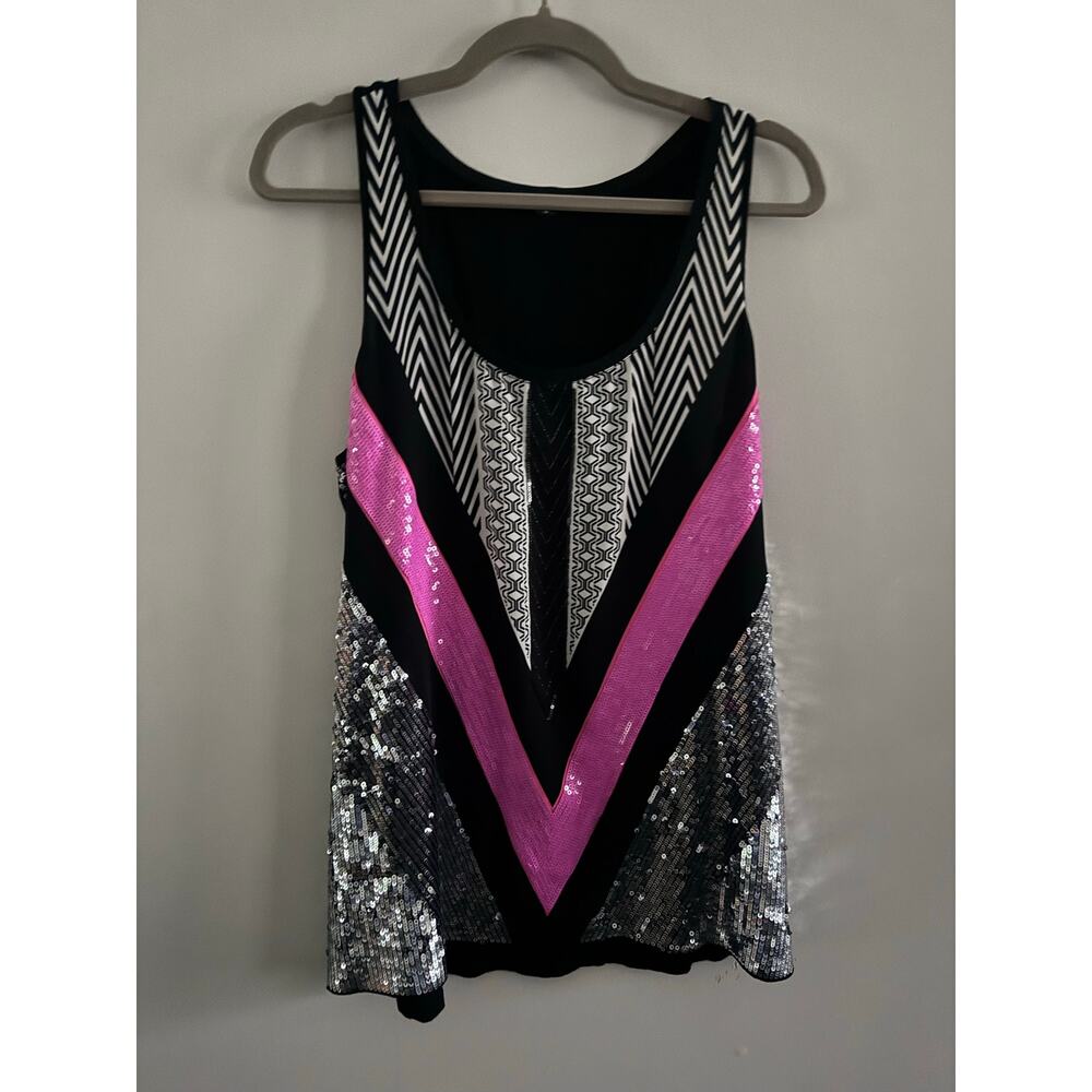 Express Sequin Tank Top Womens Small Black Pink Silver Geometric Party